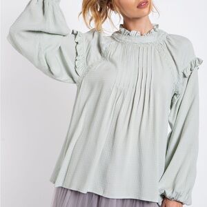 NWT EASEL Bohemian Pale Sage Ruffled Long Sleeve Top S M L
